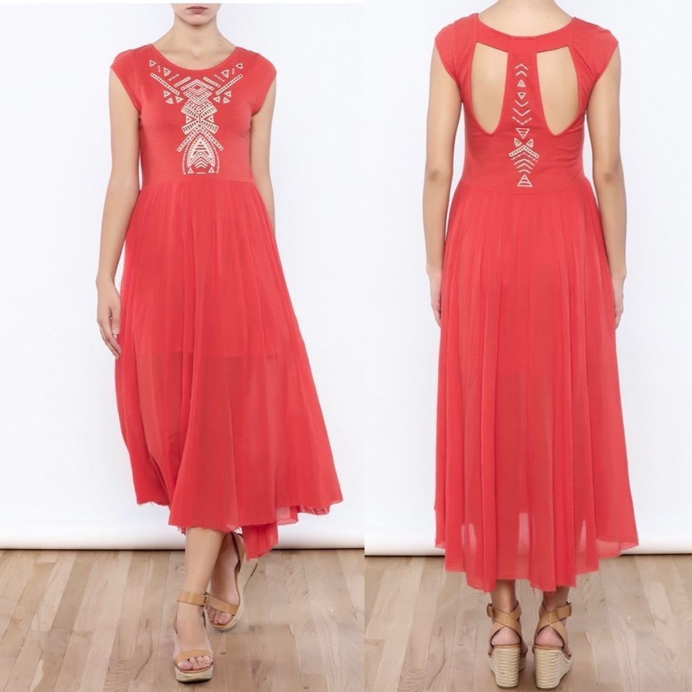 Free People Toosaloosa Slub Meadows Midi Coral Orange Dress Size Medium